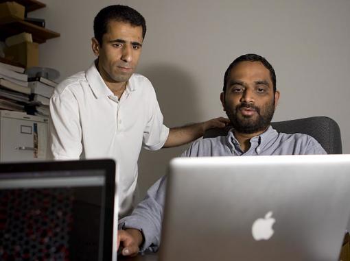 Removing impurities on the atomic scale - Engineering professor Vivek Shenoy (right) and graduate student Akbar Bagri have explored the atomic configuration of graphene oxide, showing how defects in graphene sheets can be located and treated.